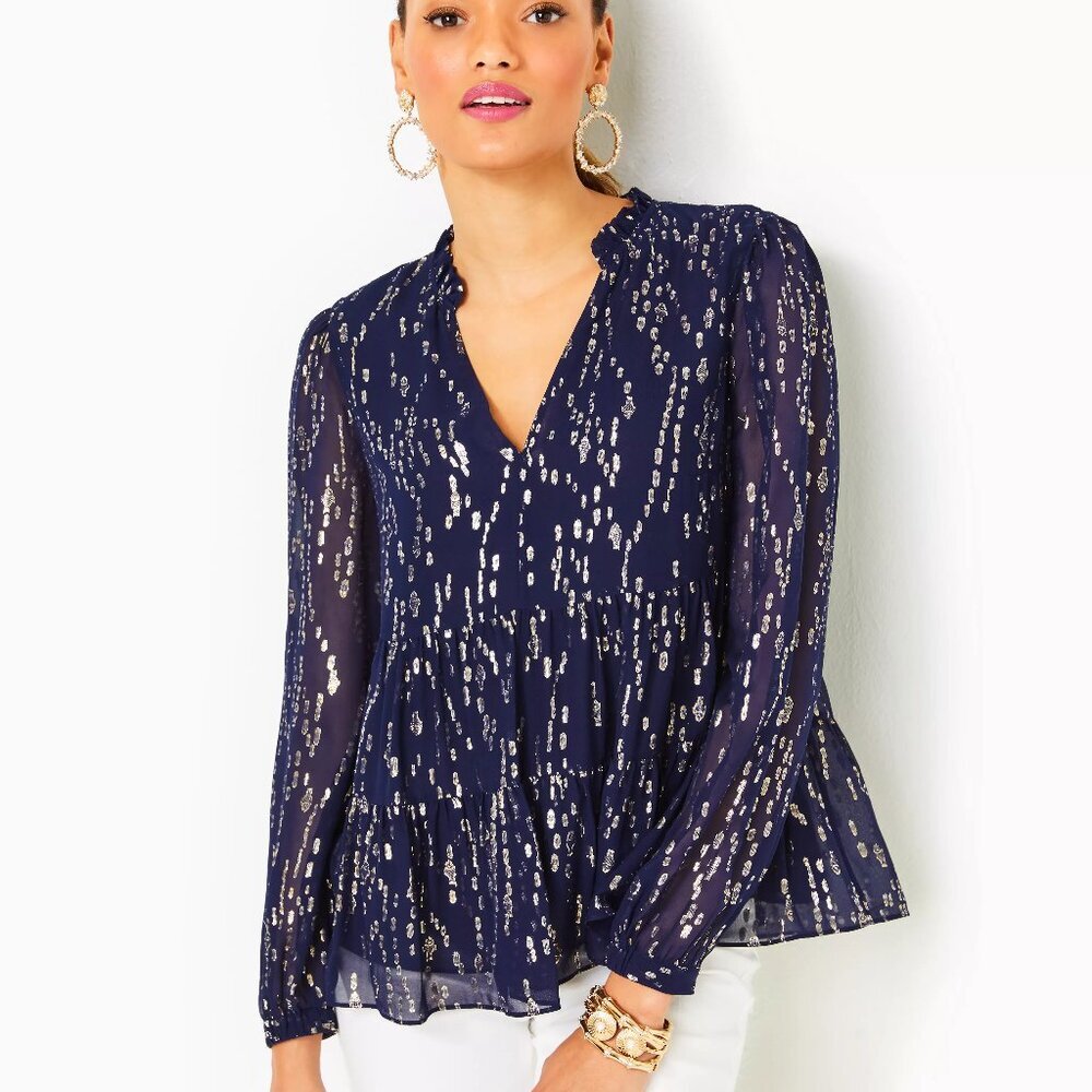 NWT Lilly Pulitzer Women's Sarita Long Sleeve Silk Metallic Baby Doll size 6